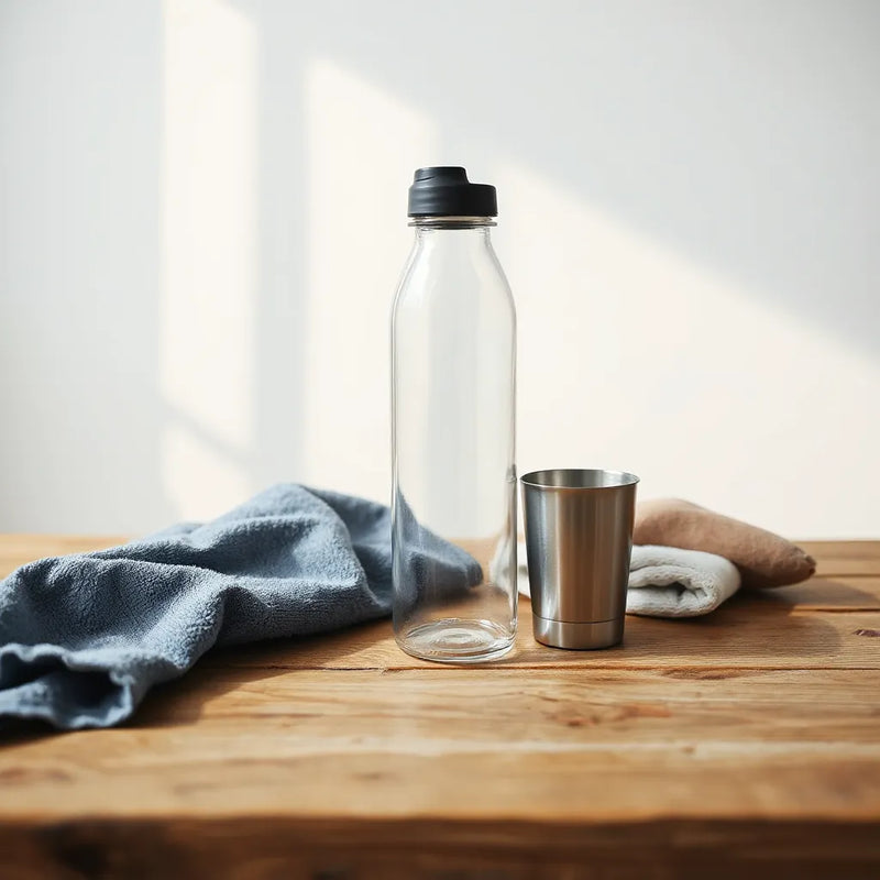 Durable water bottle with cap on a wooden table beside a reusable cup and towel