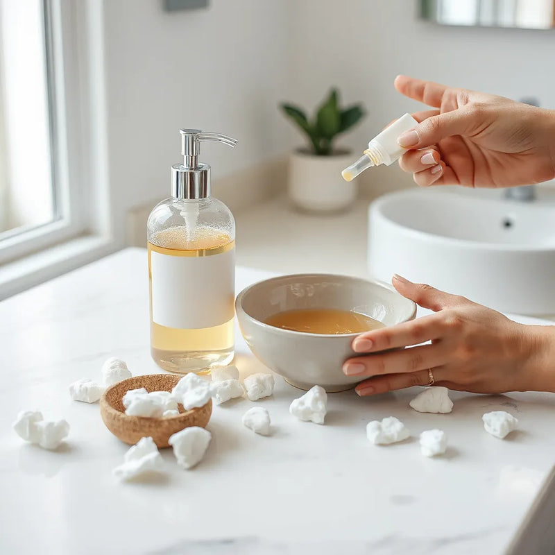 Hand applying a salicylic acid cleanser with pump bottle and gel on a clean countertop