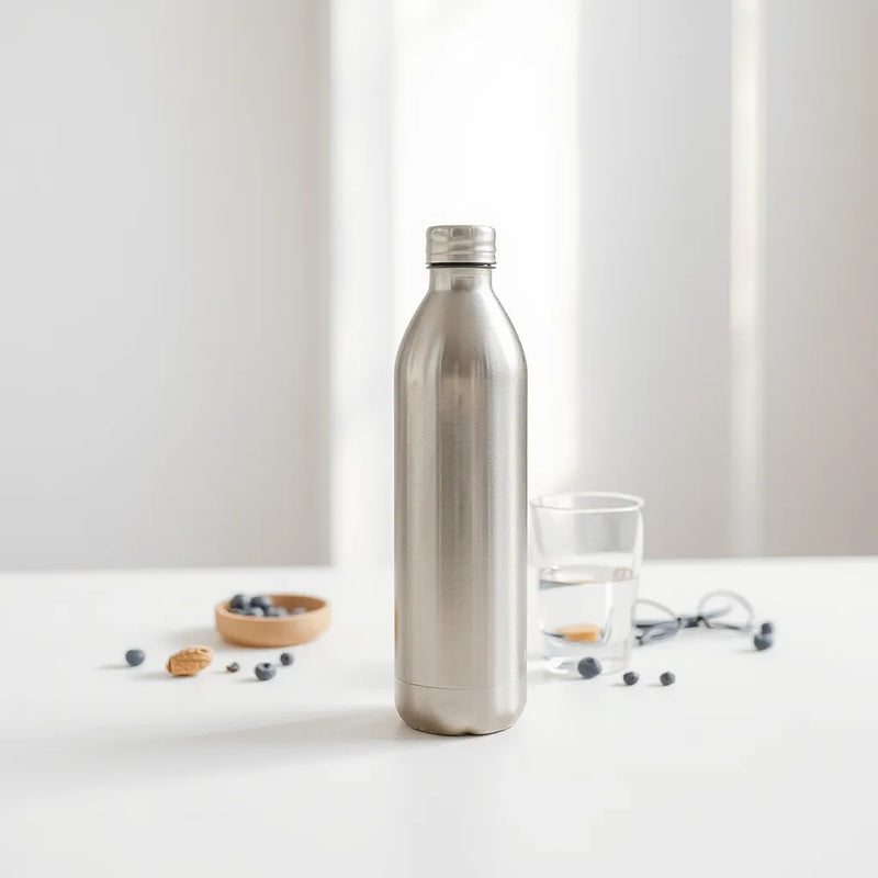Stainless steel water bottle standing beside a glass of water with soft natural light