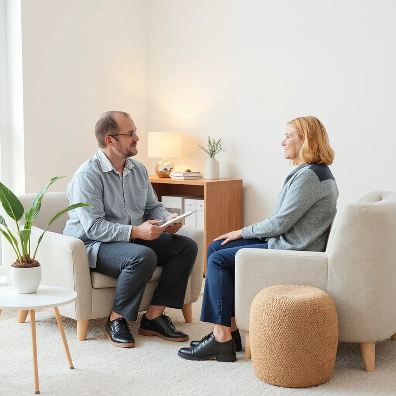 A coach and client sit in a calm office, discussing wellbeing with a notebook and attentive body language.
