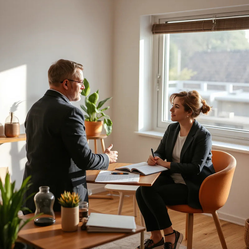 Coach and client in a focused session with notebook and pen in a bright, tidy room