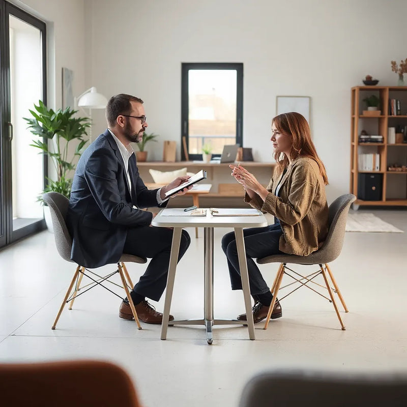 Coach and client discuss goals over a notebook in a bright, calm workspace