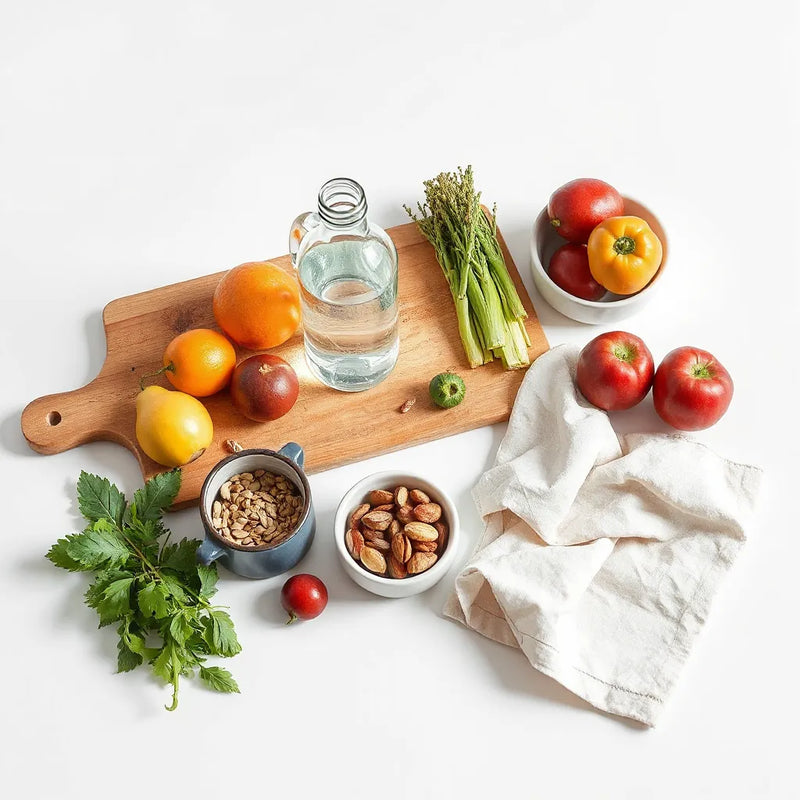 Fresh produce and wellness essentials on a clean kitchen table with a water bottle and nuts
